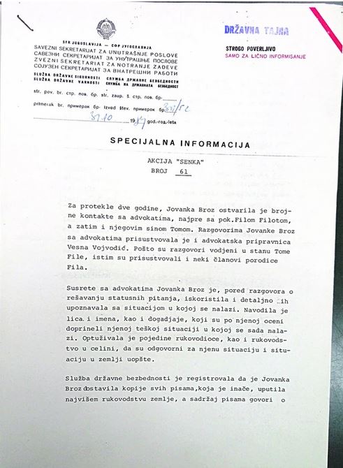 operacija Senca proti Jovanki Broz, 1. stran poročila
