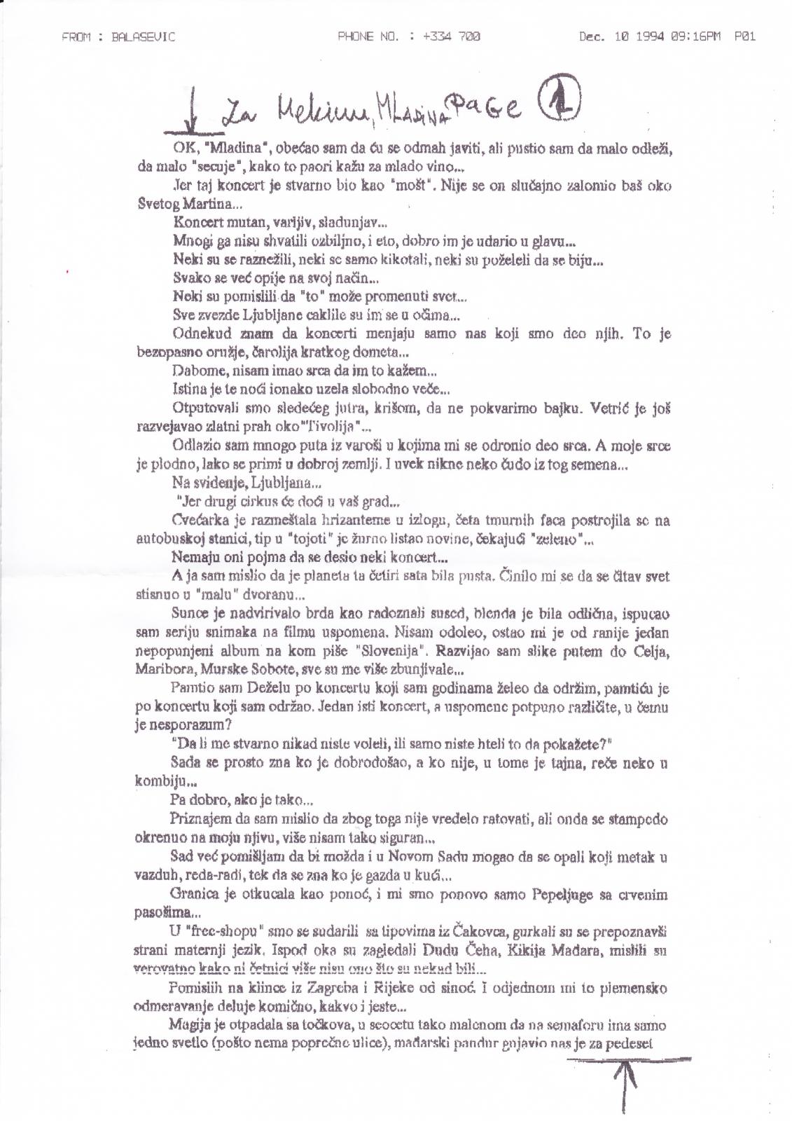 Balaševićevo pismo, 1.stran