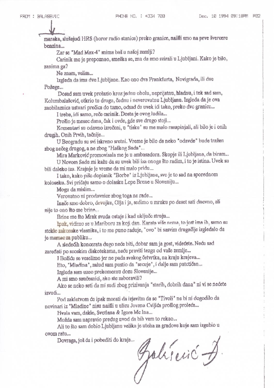 Balaševićevo pismo, 2.stran