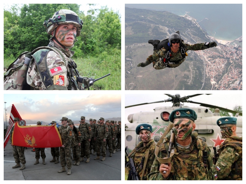 Črna gora - vojaki CG levo, bolgarski padalec zgoraj desno, ruski padalci spodaj desno