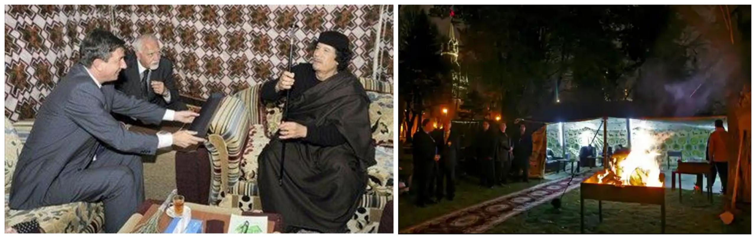 Prijatelja: Pahor v Gadafijevem šotoru (levo). Roštilj pred šotorom v dvorišču Kremlja. Vir: Twitter