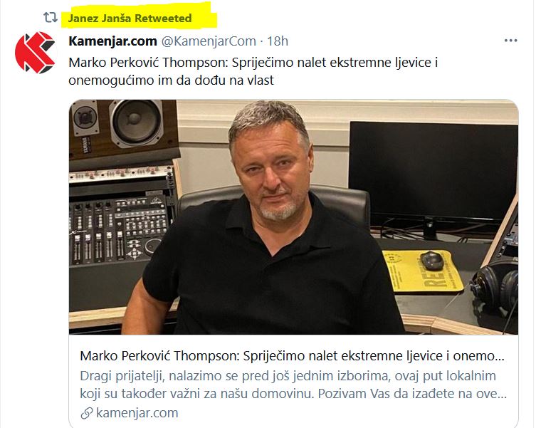 Janša retvita ustaškega apologeta. Vir: Twitter