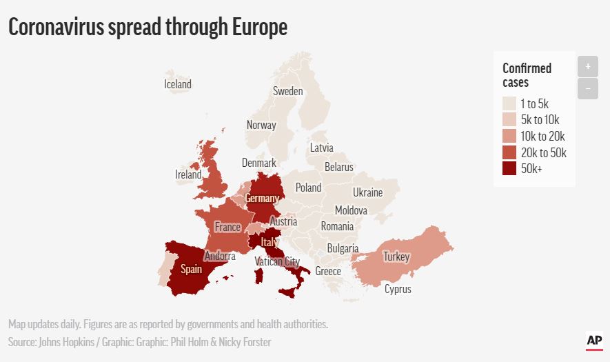 Število okuženih s koronavirusom v Evropi - temneje je več Vir:AP