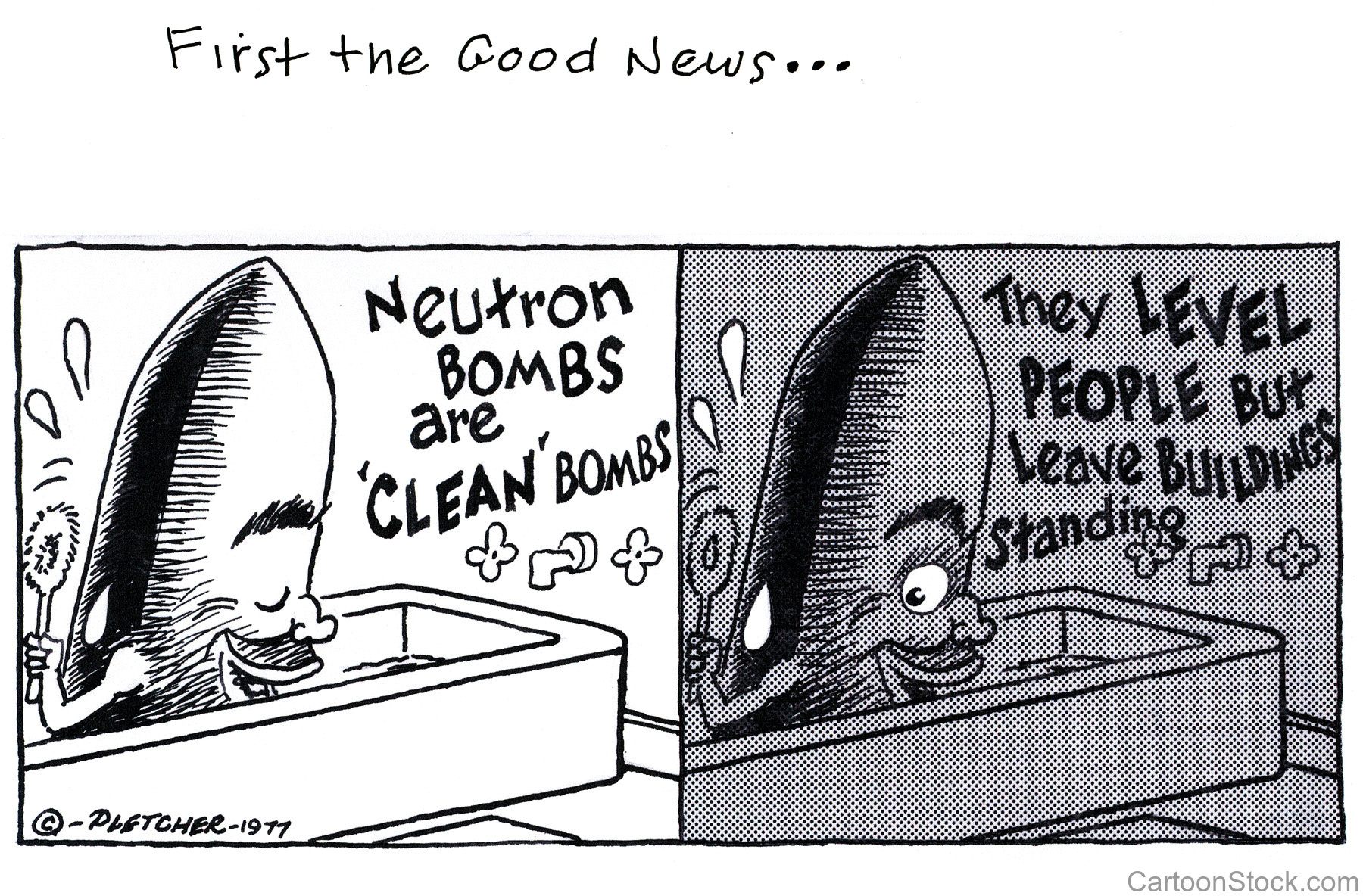Karikatura - nevtronska bomba je čista, ubijke le ljudi, zgradbe pusti cele...