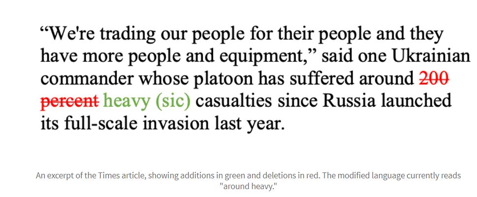 Odlomek iz članka v Timesu, ki prikazuje dodatke v zeleni barvi in črtanja v rdeči barvi.