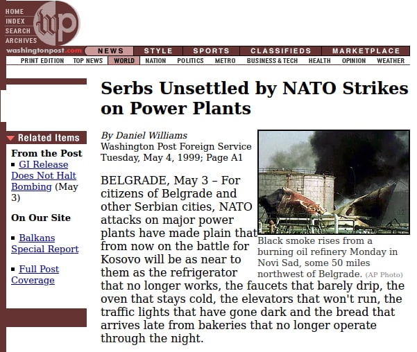 WP - poročilo o bombardiranju elektrarn v Srbiji