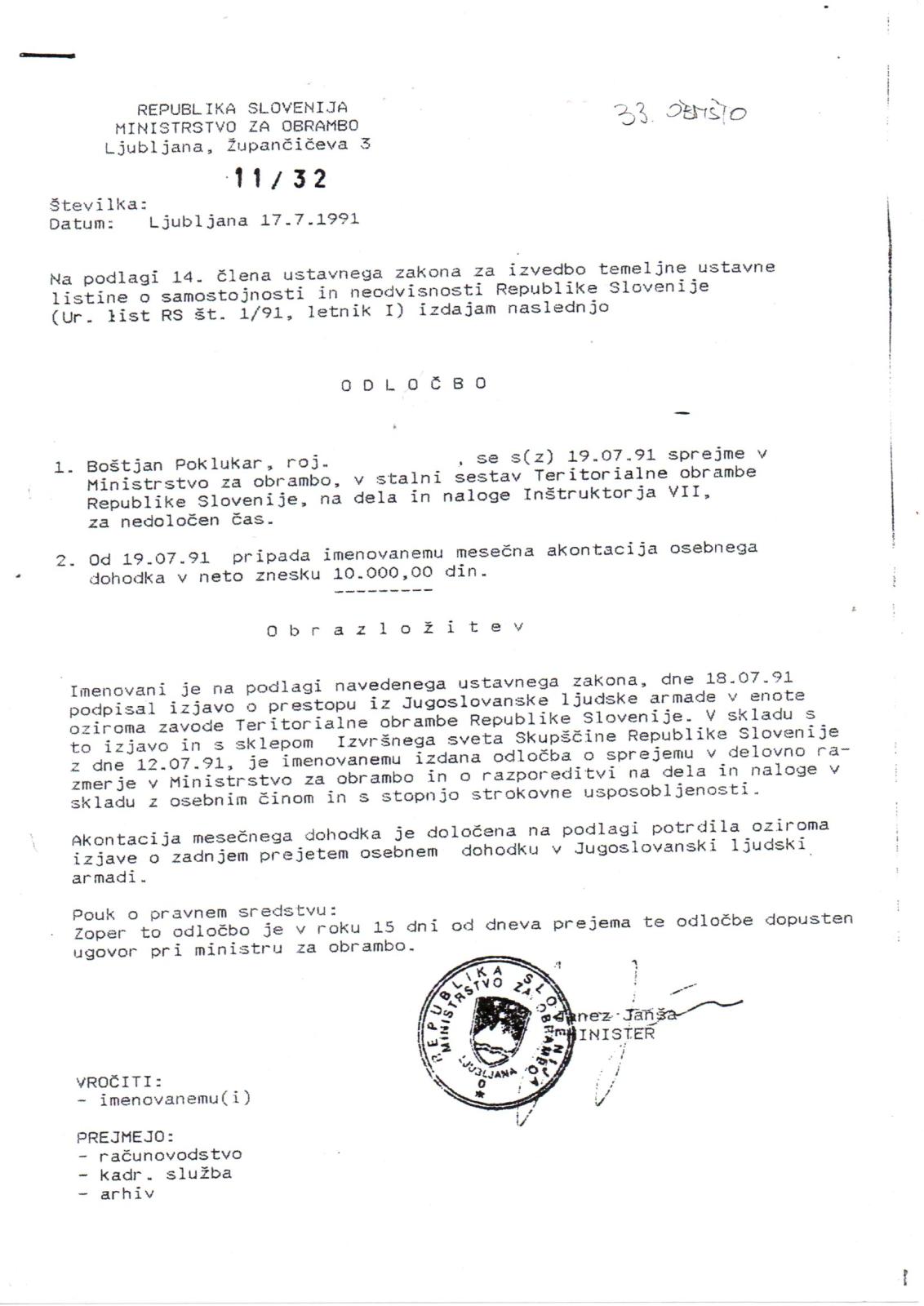 Odločba Janeza Janše o zaposlitvi Boštjana Poklukarja, 17.7.1991, zaposliitev z dnem 19.7.1991