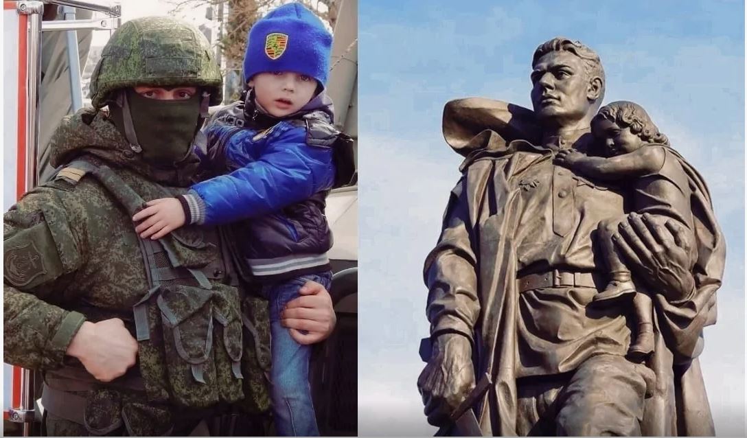 Nekoč in danes: ruski vojaki otroke varujejo Vir: Telegram