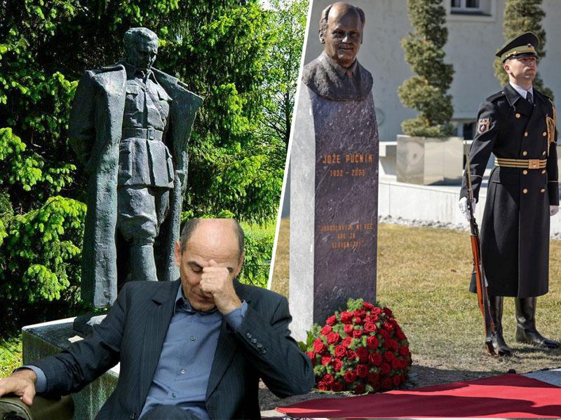 Janša znova retušira zgodovino: kip skritega Tita odstranili, kip Pučnika pa postavili na vidno mesto