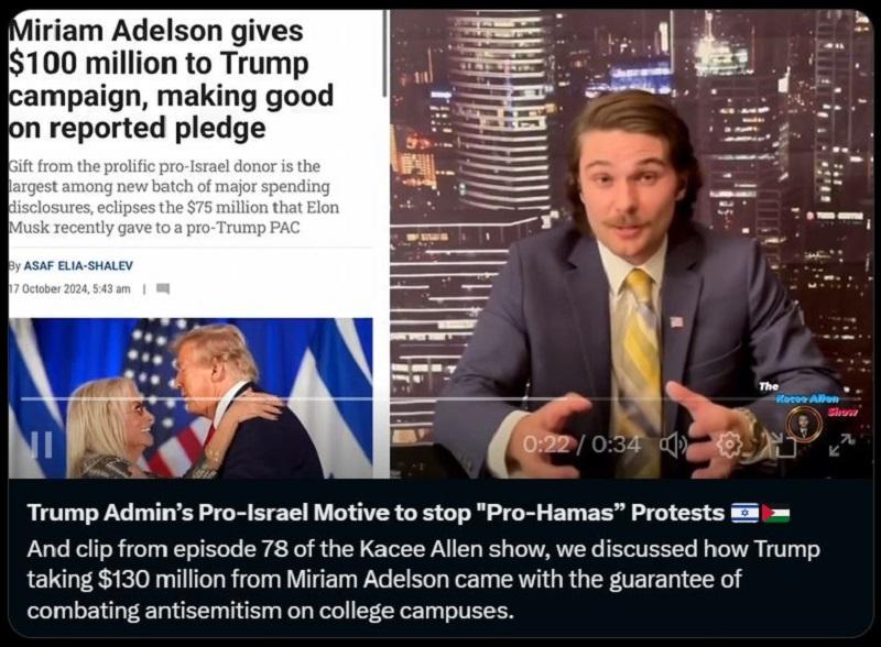 The Kacee Allen Show: Motiv Trumpove administracije za aretacije in pregon »antisemitizma« je v – izraelskem denarju