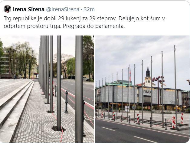 »Trg republike je dobil 29 lukenj za 29 stebrov. Delujejo kot šum v odprtem prostoru trga. Pregrada do parlamenta.«