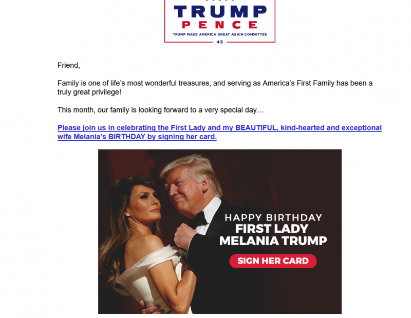 Donald Trump z rojstnim dnevom Melanie v lov na finančno podporo
