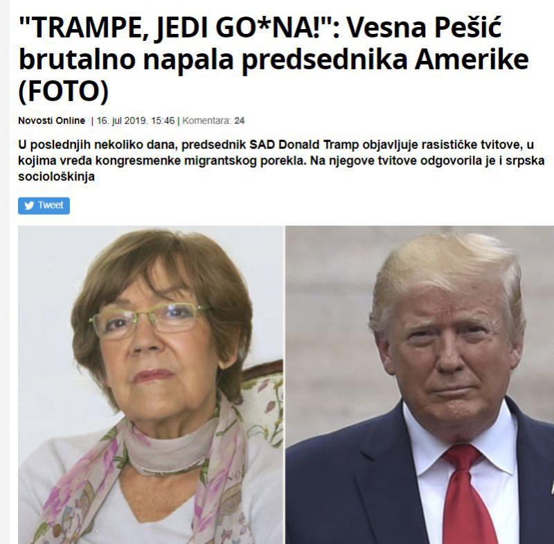 Sporočilo Vesne Pešić: »Jejte dr*k gospod Trump!«