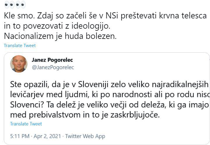 »Zdaj so začeli še v NSi preštevati krvna telesca in to povezovati z ideologijo. Nacionalizem je huda bolezen.«