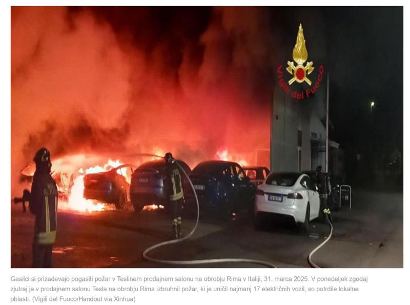 Takedown Tesla: Požar v prodajnem salonu Tesle v Rimu le zadnji v vrsti podobnih odzivov na Muskovo politiko
