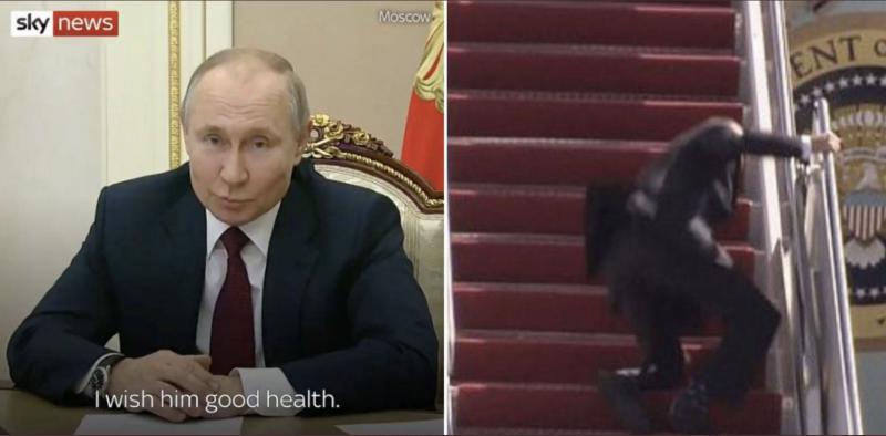 Putin Bidna izzval in mu zaželel 'dobro zdravje', Biden pa je obmolknil in se zgrudil na stopnicah svojega letala