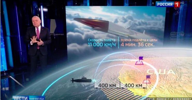 Putin razkril cilje: ruska državna televizija prikazala tarče hipersoničnih raket v ZDA v primeru jedrskega napada
