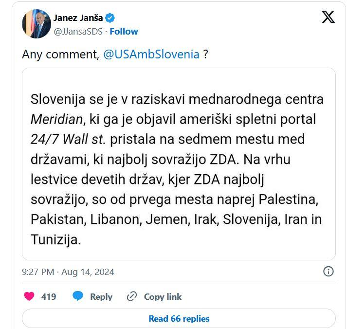 Janševa desetletje stara manipulacija: »Slovenija je na sedmem mestu med državami, ki najbolj sovražijo ZDA!«