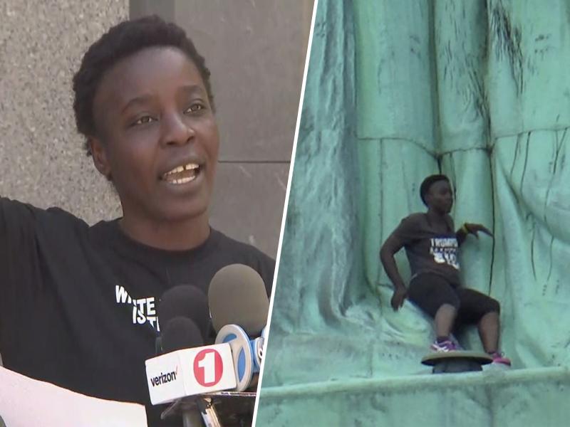 Protestna plezalka na Kip svobode se je izrekla za nedolžno