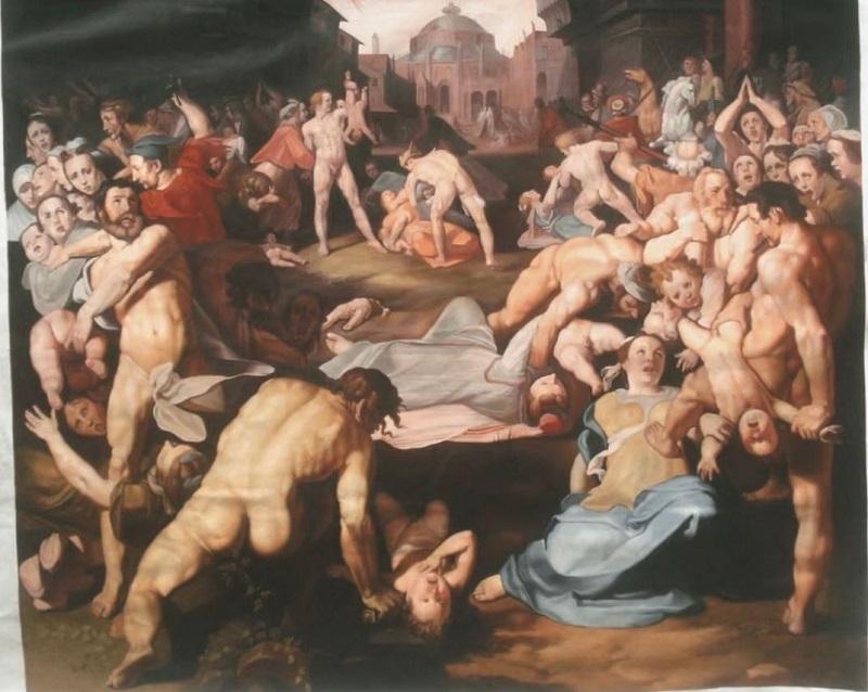 Epstein naročil sliko pokola »otrok Nežidov«, njegov asistent: »Razstavili smo jo pri vhodu, kjer ubijajo dojenčke!«