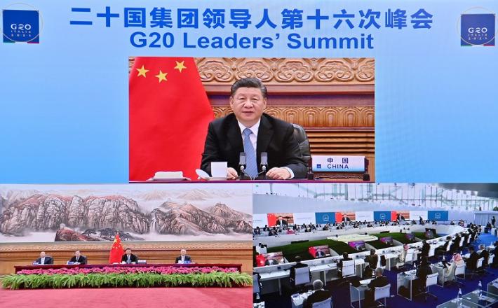 Ši Džinping govori preko videopovezave na G20 v Pekingu 31. 10. 2021. (Xinhua/Yue Yuewei)