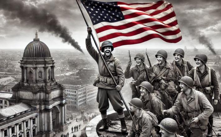 Ameriška osvoboditev Berlina iz perspektive alternativne zgodovine Vir fotomontaže: Grok AI 