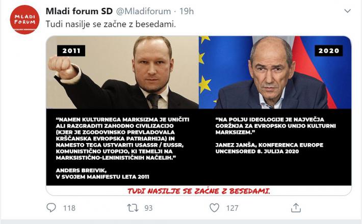 Brevik in Janša - neprijetne podobnosti. Vir: Twitter