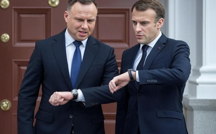 Macron in Duda pred trumpovimi vrati  Vir fotomontaže: Grook AI