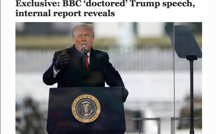 Karoline Leavitt je britansko državno televizijo označila za »propagandni stroj« zaradi zlonamerno zmontiranega videoposnetka govora predsednika ZDA Donalda Trumpa. Vir: Posnetek zaslona, X