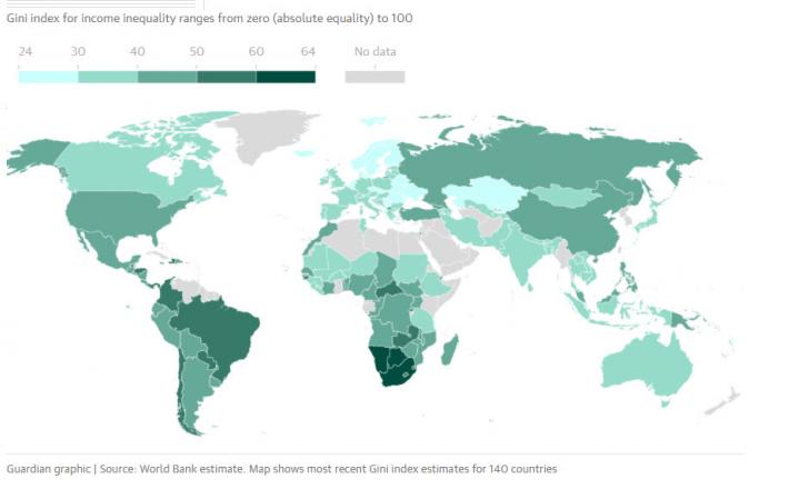 Index Gini - temnejša barva kaže večje dohodkovne razlike