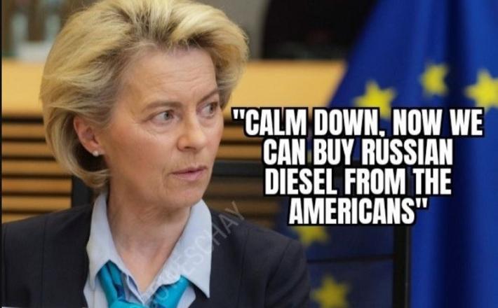 "Pomirite se, sedaj lahko kupujemo rusko gorivo od Američanov!" Vir: X