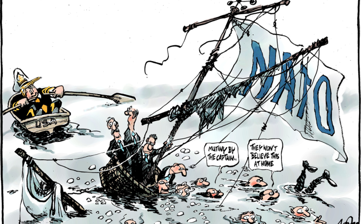Prihodnost zveze NATO, kot jo vidi nizozemski karikaturist Jos Collignon: »Upor s strani kapitana...