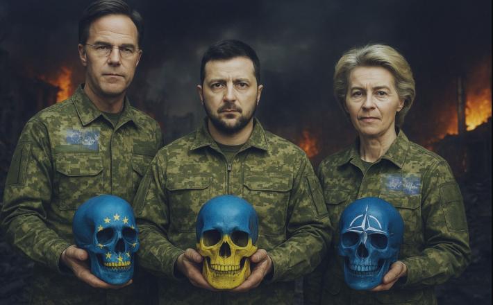 Zelenski s sponzorjema ukrajinske vojne: Mark Rutte (NATO) in Ursula von der Leyen (EU). Vir: Posnetek zaslona, X