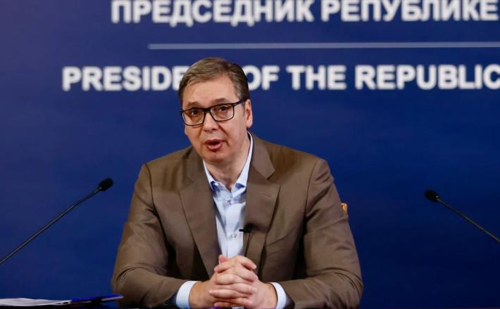 Aleksandar Vučić med tiskovno konferenco Vir: Telegram, FB, posnetek zaslona