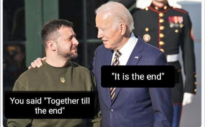 Zelenski: "Rekel si - skupaj do konca!" Biden: "To je konec!" Vir montaže: X