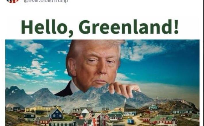 Trump je svojo fotomontažo objavil le nekaj ur po tem, ko so ameriškega posebnega odposlanca za Grenlandijo, ki je prišel na odprtje novega ameriškega konzulata na otoku, dočakali protesti. Vir: Posnetek zaslona, X