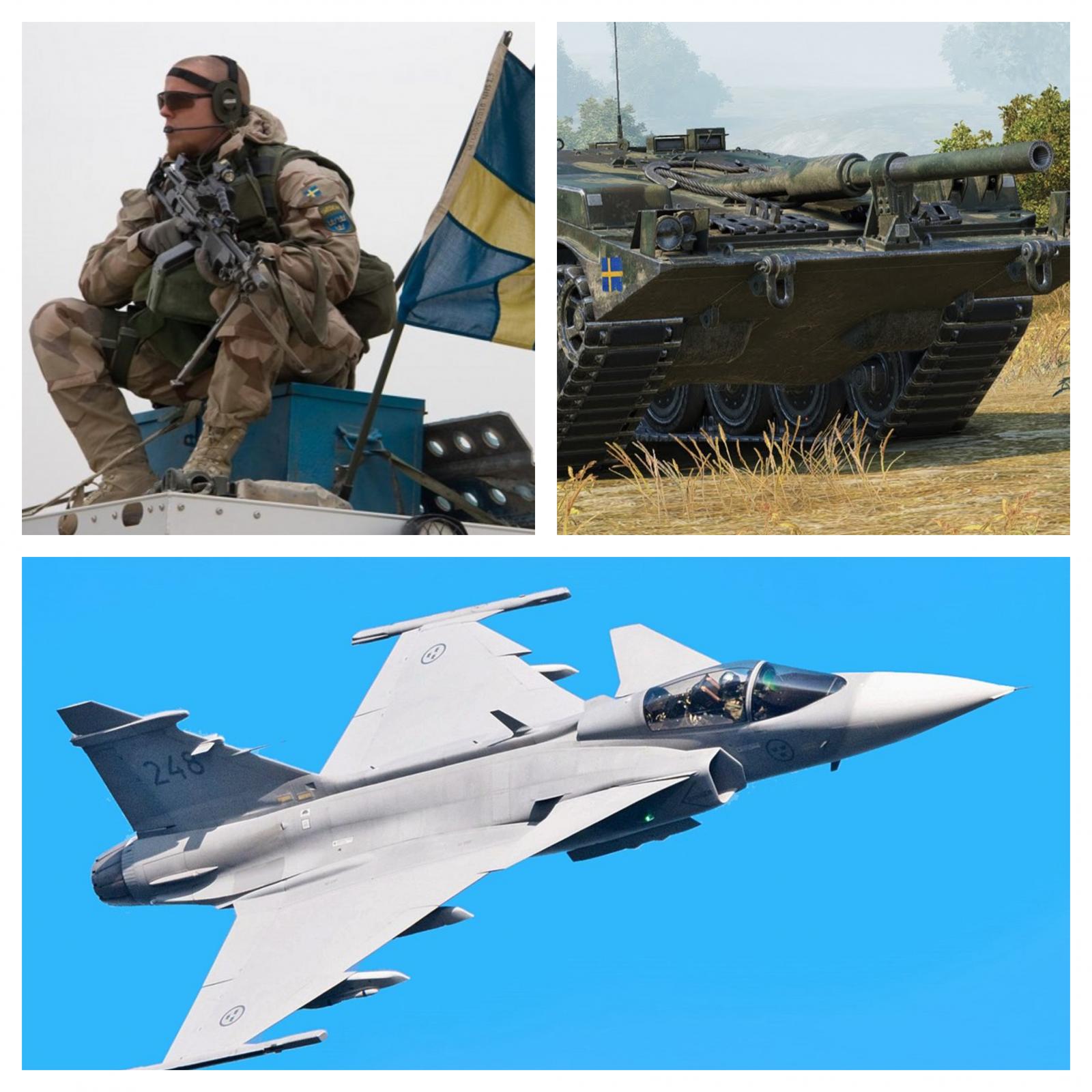 Švedska vojska - vojak, uničevalec tankov in letalo Gripen