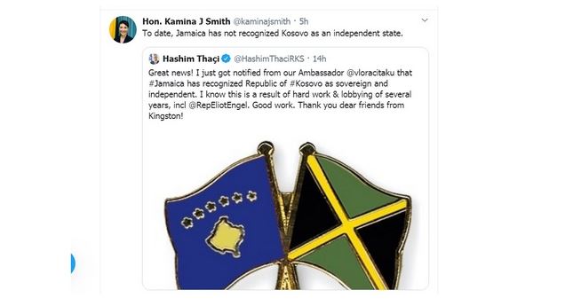 Thaci - tvit o Jamajki