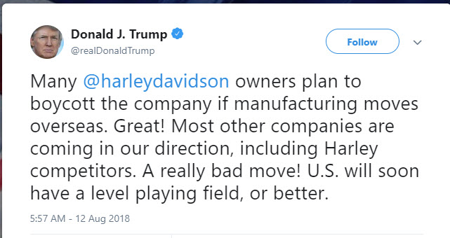 Trumpov tvit  - poziv k bojkotu Harley Davidsona