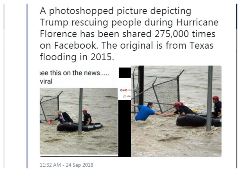 Prava in spremenjena fotografija Trumpa med poplavami