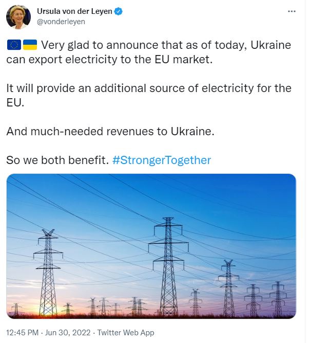 Tvit Ursule von der Leyen o ukrajinski elektriki