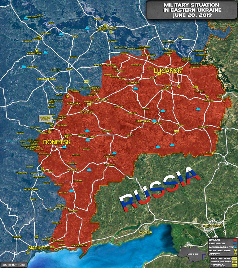 Vojni zemljevid Ukrajine - separatistične republike so rdeče  Vir: South Front 2019