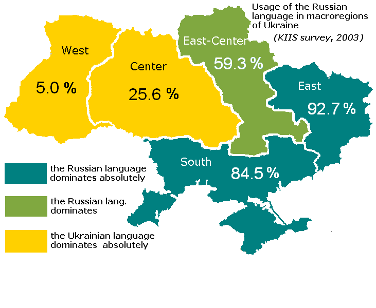 Zemljevid večinskih jezikov v Ukrajini leta 2003, pred nasilno ukrajinizacijo