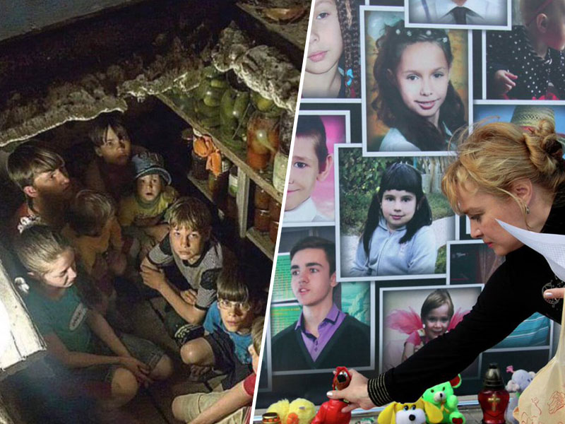 Prižiganje sveče pred zidom s slikami mrtvih otrok Donbasa  Vir: Telegram