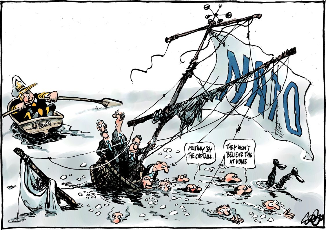 Prihodnost zveze NATO, kot jo vidi nizozemski karikaturist Jos Collignon: »Upor s strani kapitana...tega nam doma ne bodo verjeli«