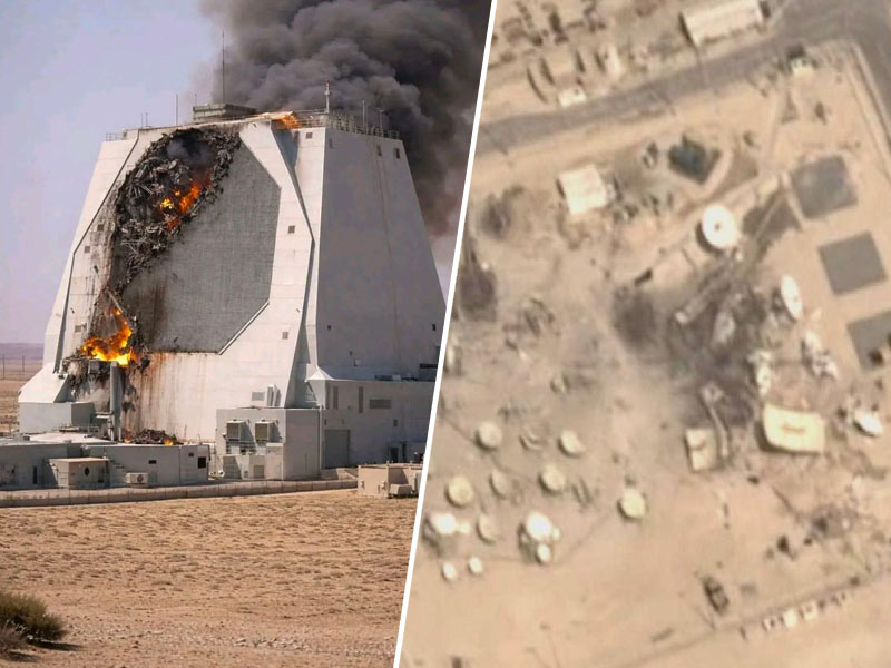 Zažgan radar (UI generirana slika, levo) in satelitski posnetek udara (desno)