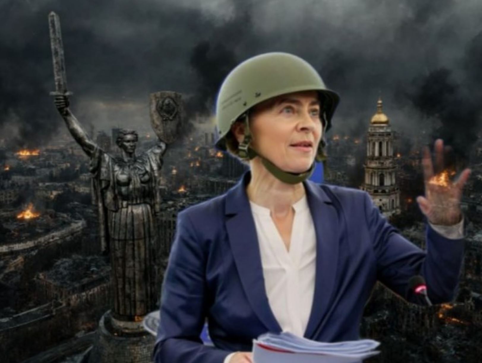 Von der Leyenova se je morala med obiskom Kijeva skriti v bunkerju, poroča Euroactiv: »Sirene za zračni napad so jo prekinile ravno v trenutku, ko nam je pripovedovala o dnevnih dogodkih v luksuznem hotelu InterContinental, in jo prisilile, da se je zatekla v globok podzemni bunker.« Vir: Posnetek zaslona, X