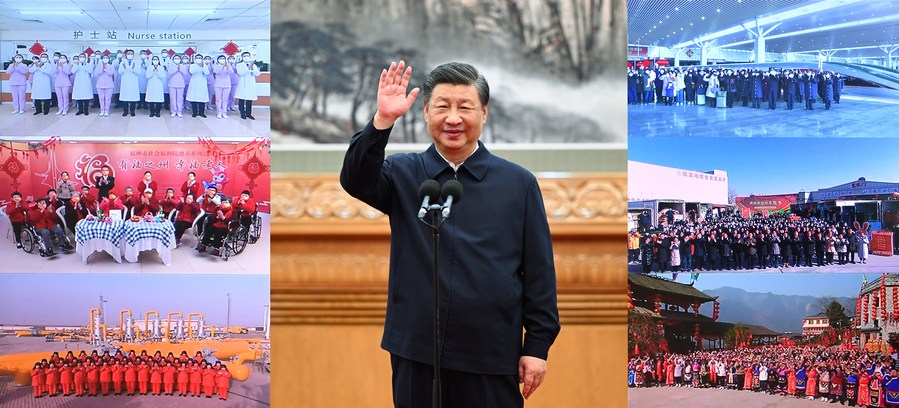 Ta sestavljena fotografija prikazuje Xi Jinpinga, ki izreka praznične pozdrave vsem Kitajcem, ko se pogovarja z uradniki in ljudmi iz vse države prek video klicev pred Pomladnim praznikom v Pekingu na Kitajskem, 18. januarja 2023. (Xinhua/Xie Huanchi, Li Tao)